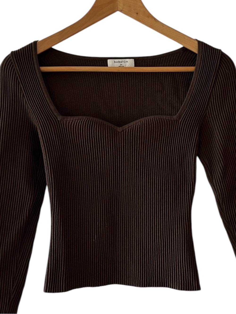 Babaton Aritzia XS Sculpt Knit Sweetheart Long Sleeve Top Brown Ribbed - Picture 4 of 10